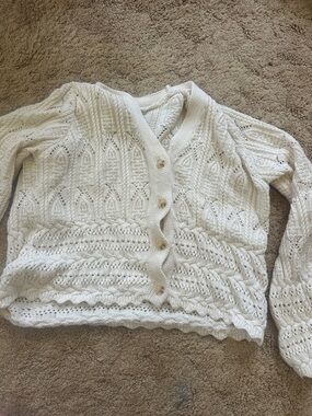 Women's Dress up boutique Cream Openwork Button-Front Sweater Cardigan